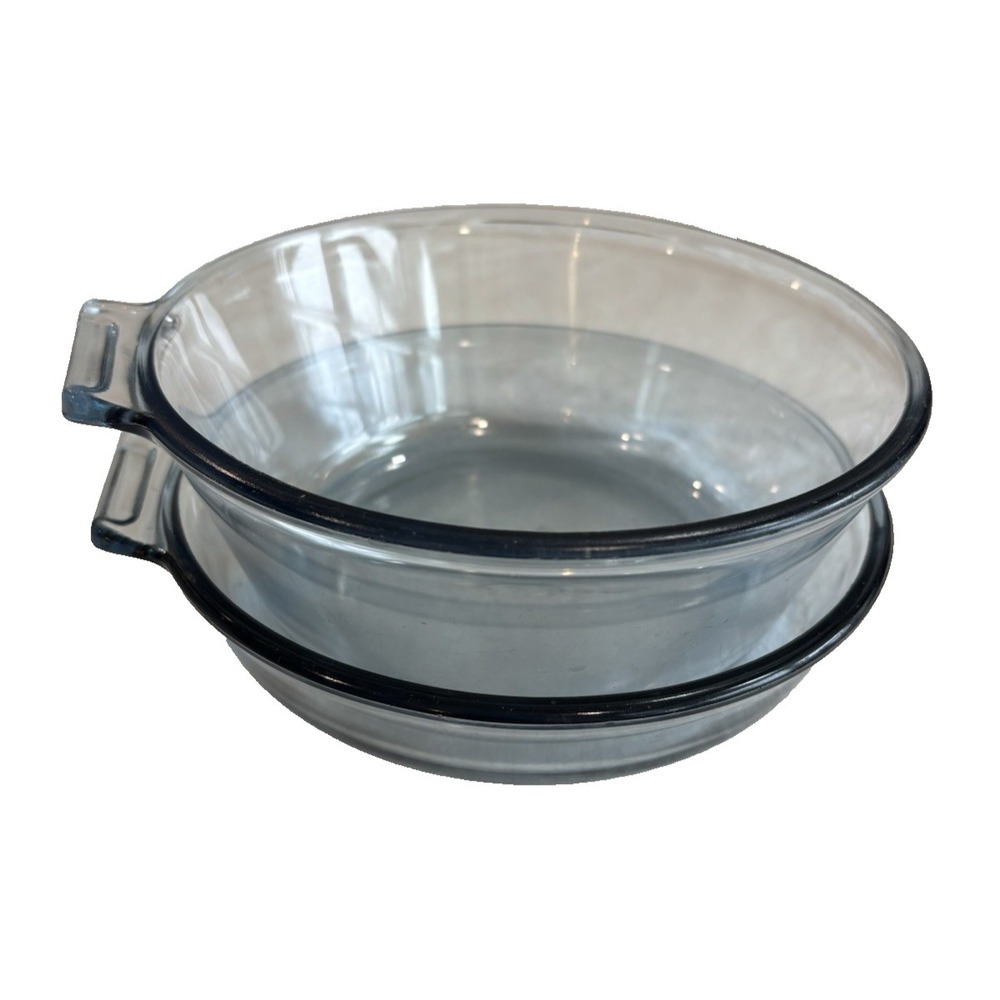 Vintage‎ Pyrex Flameware Clear Blue Tint 7 Inch Bowl And Dish Set No Handles